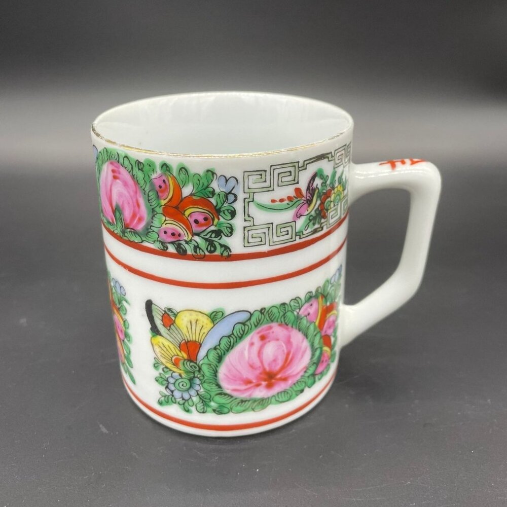 Vintage Rose Canton Mug Hand Painted Floral Butterfly Cup Pink White Asian Style